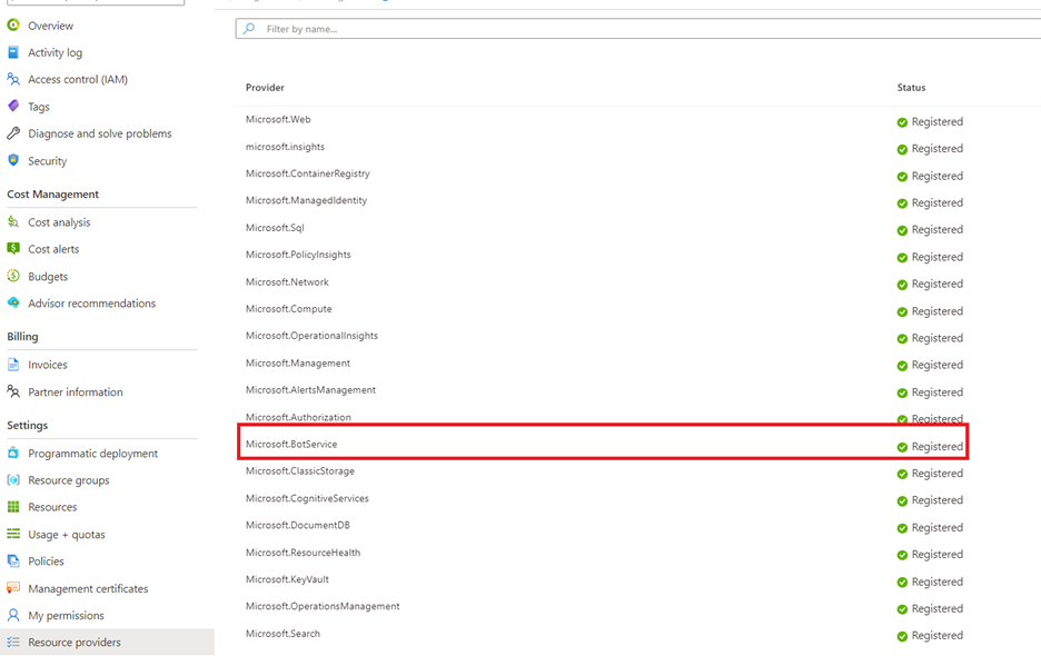 リソース プロバイダーとして登録された Microsoft.BotService
