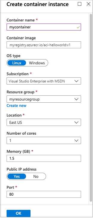 Azure Container Instances の [作成] メニュー