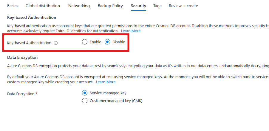 Azure portal で新しいアカウントを作成するときにキーベースの認証を無効にするオプションのスクリーンショット。