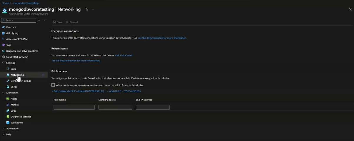 仮想コア アーキテクチャでの Azure Cosmos DB for MongoDB のファイアウォール設定の更新を示すアニメーション。