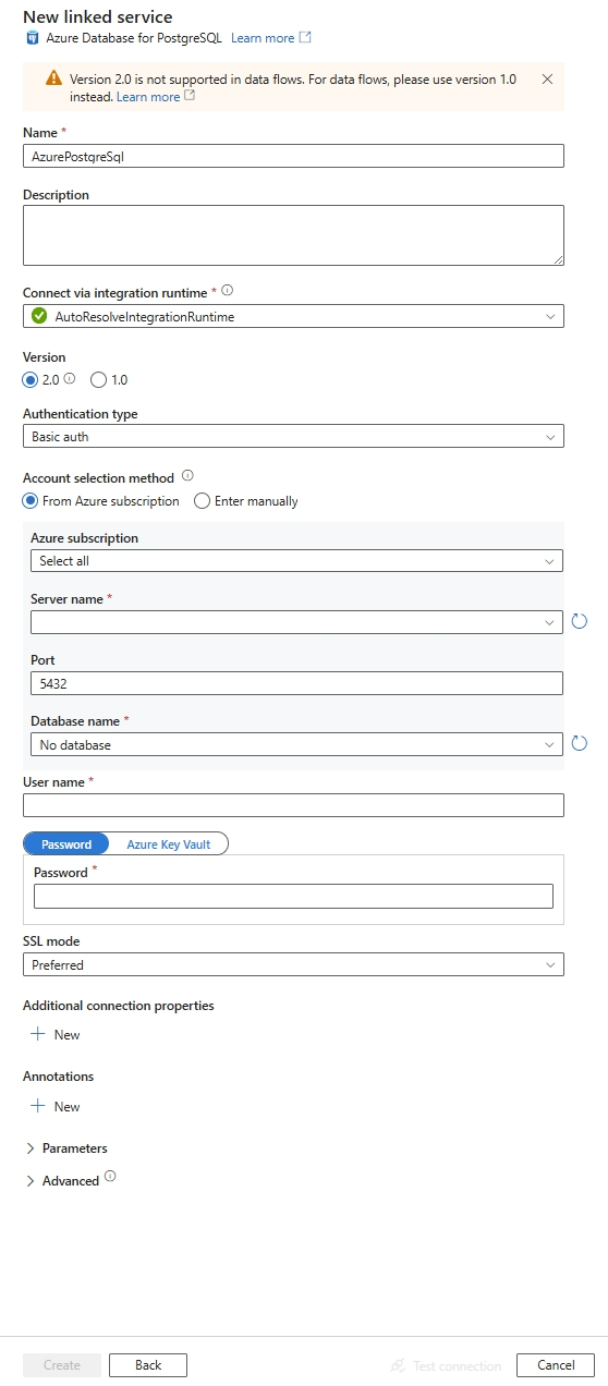 Azure Database for PostgreSQL へのリンク サービスを構成します。