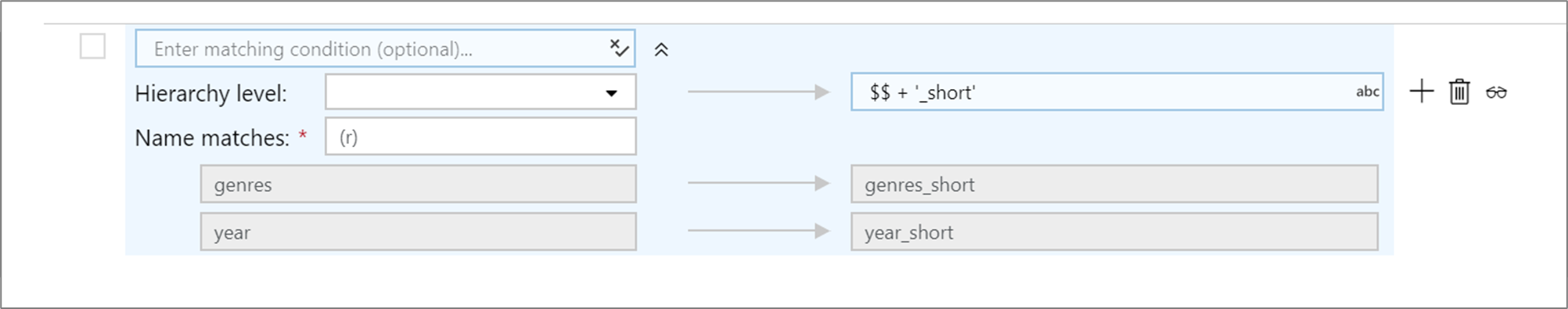 スクリーンショットには、regex マッピング条件が、階層レベルと名前の照合とともに示されています。