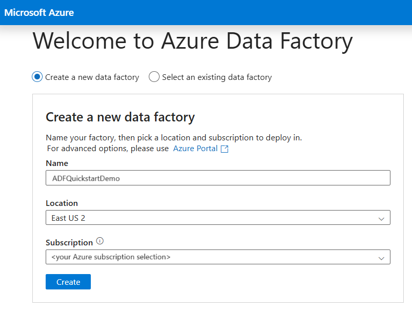 データ ファクトリを作成するための Azure Data Factory Studio ページを示すスクリーンショット。