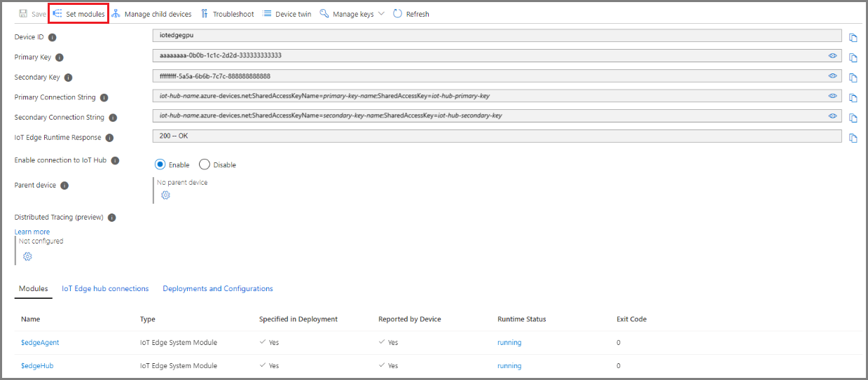 Azure portal、IoT Hub、[Set modules](モジュールの設定) ページのスクリーンショット。