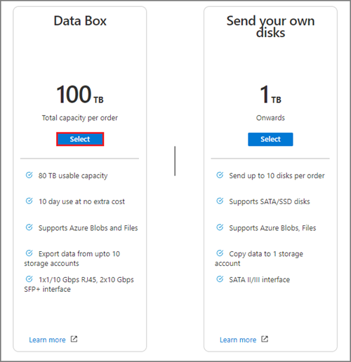 Data Box エクスポート注文の作成時に使用可能な Data Box 容量オプションの画面キャプチャ。