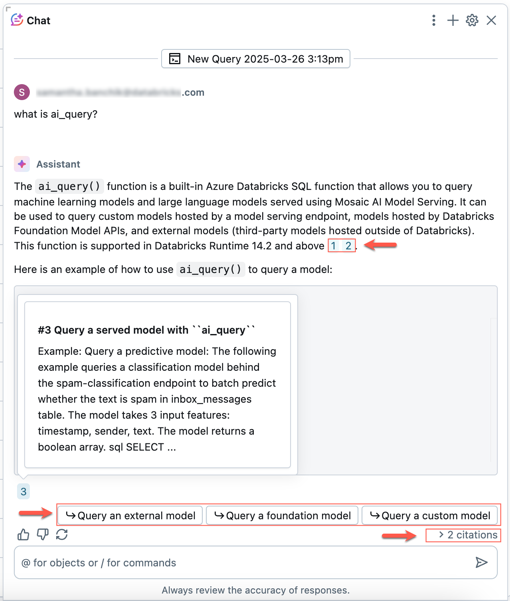 Databricks Assistant からのドキュメントの引用とフォローアップの提案。
