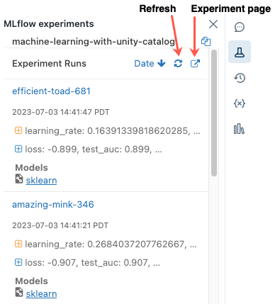 ノートブックの実験実行サイドバーには、最新の MLflow の実行が表示されます。