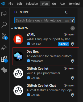 Visual Studio Code の [拡張機能] ウィンドウのスクリーンショット。Dev Box 拡張機能が表示されています。