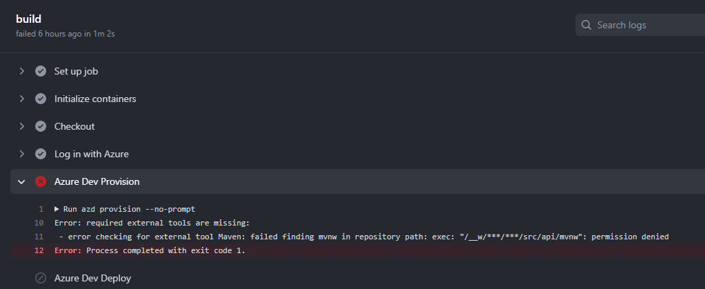 Windows で AzDo for Java を使用して azd pipeline config を実行するときに受信したエラーを示すスクリーンショット。