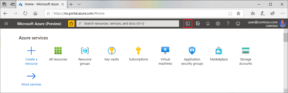 Azure portal の上部メニューから Cloud Shell を開きます。