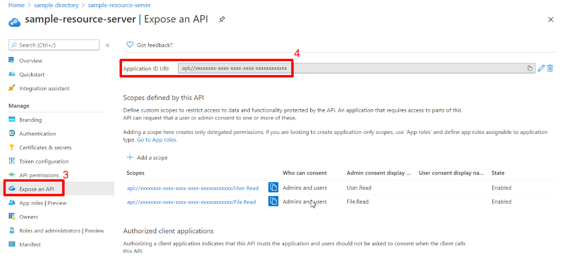 [アプリケーション ID URI] が強調表示された Web アプリの [API の公開] ページを示す Azure portal のスクリーンショット。