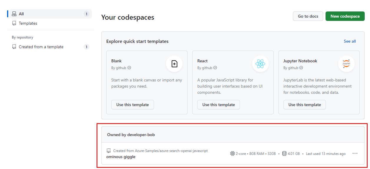 状態とテンプレートを含むすべての実行中の Codespace のスクリーンショット。