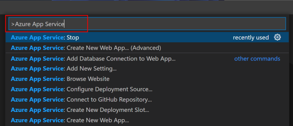 App Services を対象とした Visual Studio Code コマンド パレットのスクリーンショット。