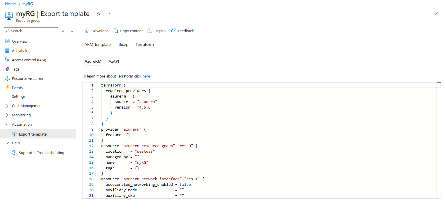 Azure portal 内での Terraform リソースのエクスポートのスクリーンショット。