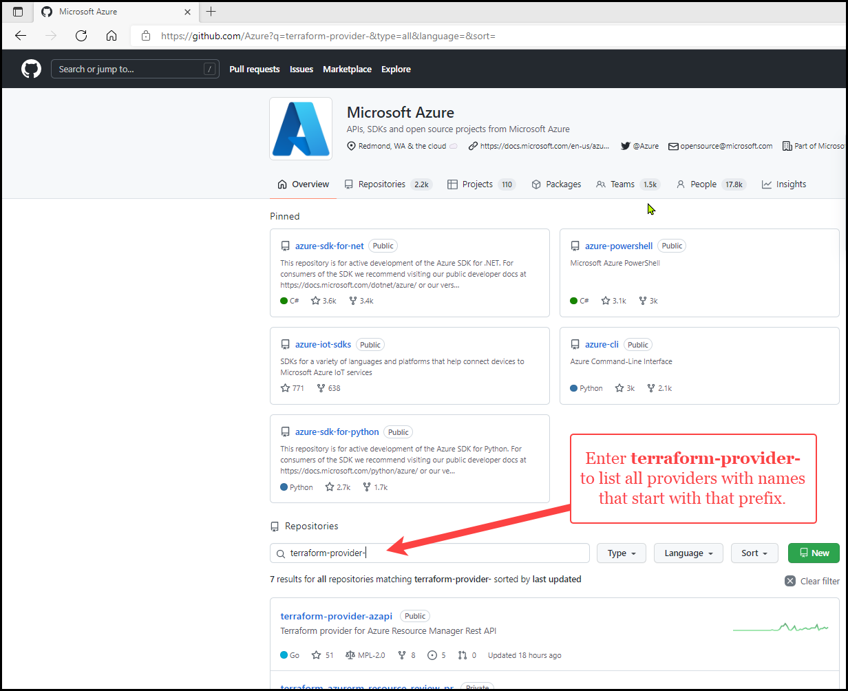プレフィックス 'terraform-provider- を検索して Terraform プロバイダー GitHub リポジトリを検索する