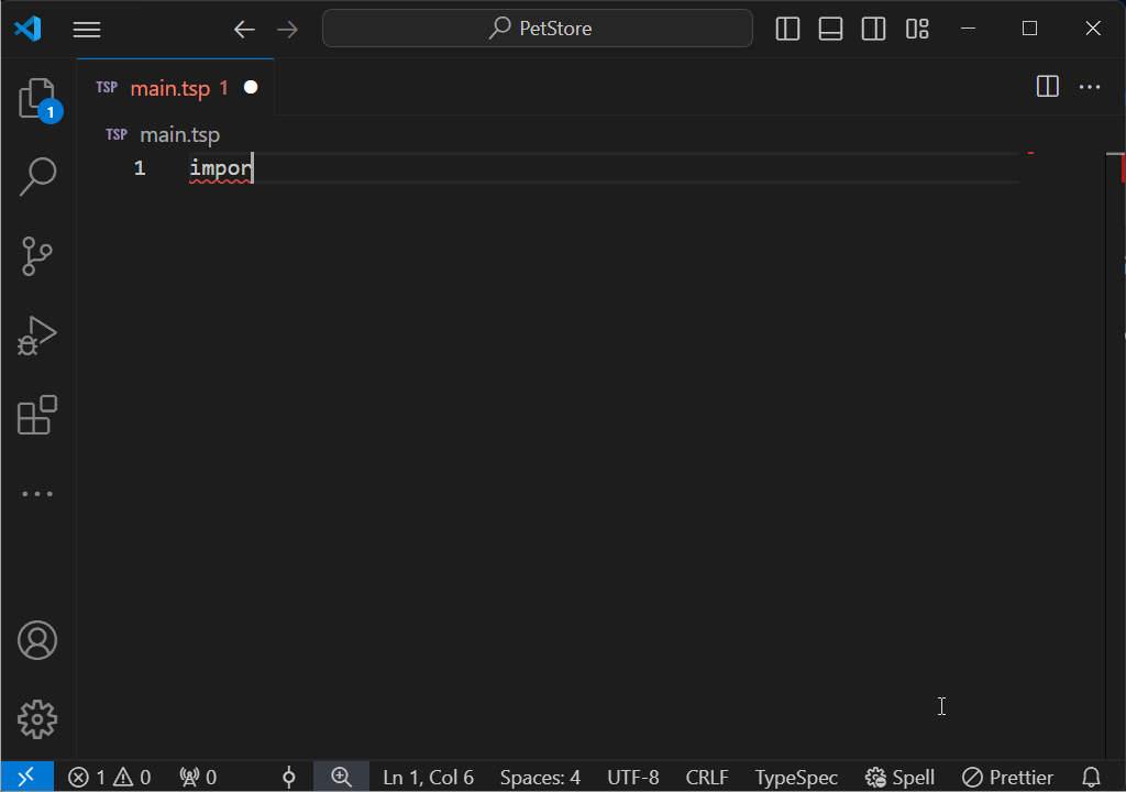 オートコンプリートと構文の強調表示を提供する TypeSpec 用 Visual Studio Code 拡張機能のスクリーンショット アニメーション。