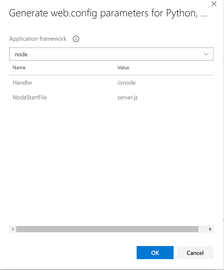 web.config の生成パラメーターを示すスクリーンショット。