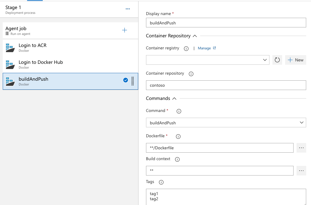 2 つの Docker コンテナー レジストリにビルドしてプッシュするクラシック パイプラインのスクリーンショット。