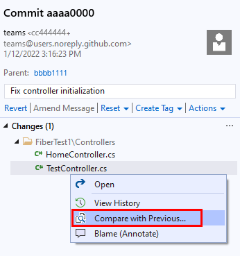 Visual Studio の [コミット] ペインの [以前と比較] オプションのスクリーンショット。