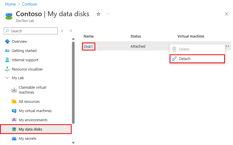 リストのコンテキスト メニューからデータ ディスクをデタッチしているスクリーンショット。