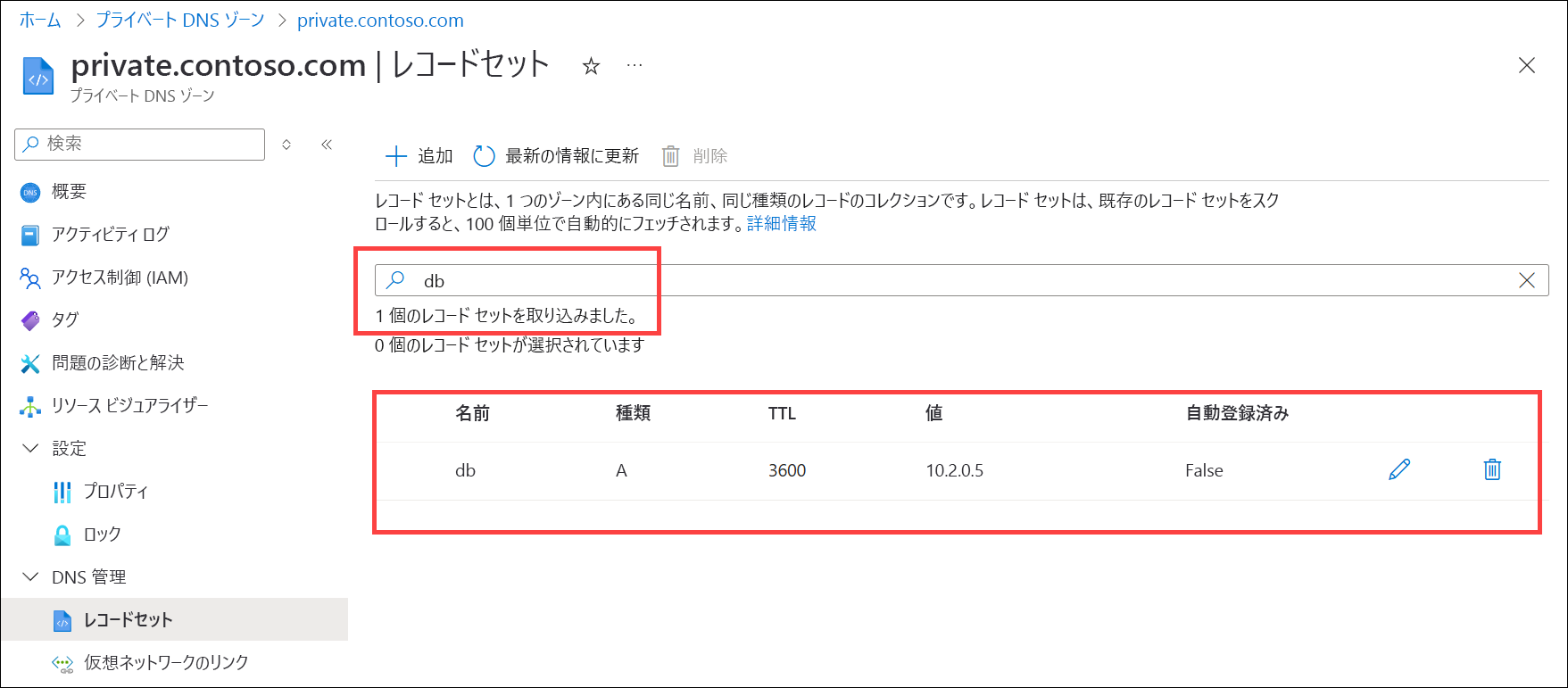 DNS レコードの検索のスクリーンショット。