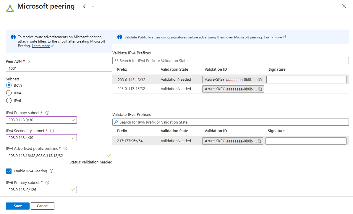 ExpressRoute Microsoft ピアリング用の Azure portal の [検証 ID] フィールドを示すスクリーンショット。