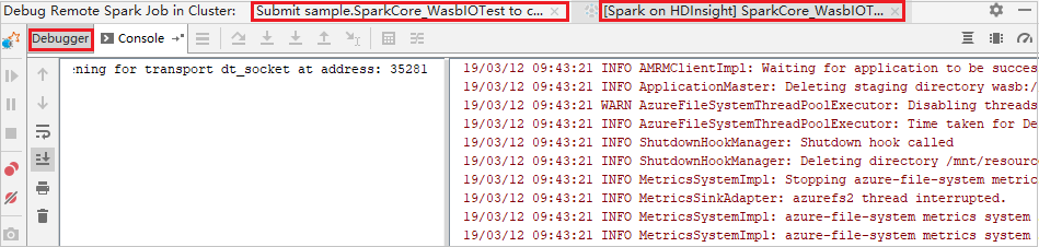 IntelliJ のリモート Spark ジョブのデバッグ (デバッグ タグ)。