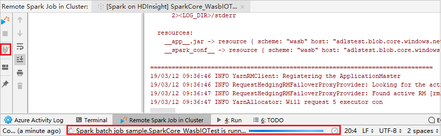 IntelliJ のリモート Spark ジョブのデバッグ (リモート実行結果)。