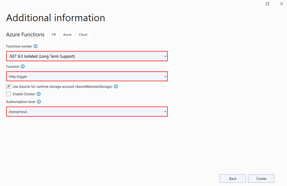 Azure Functions プロジェクト設定のスクリーンショット。