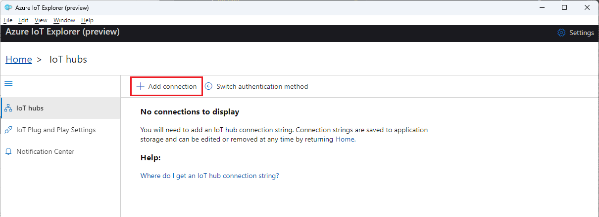 Azure IoT Explorer での IoT ハブ接続の追加を示すスクリーンショット。