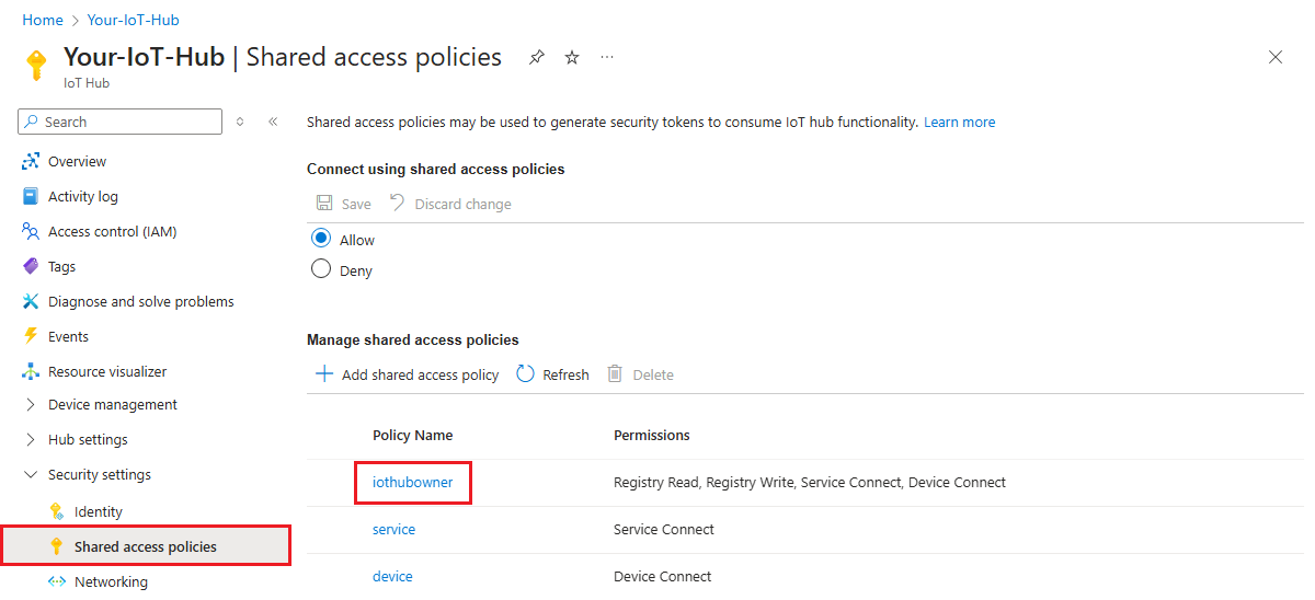 Azure portal で iothubowner 共有アクセス ポリシーを選択する方法を示すスクリーンショット。