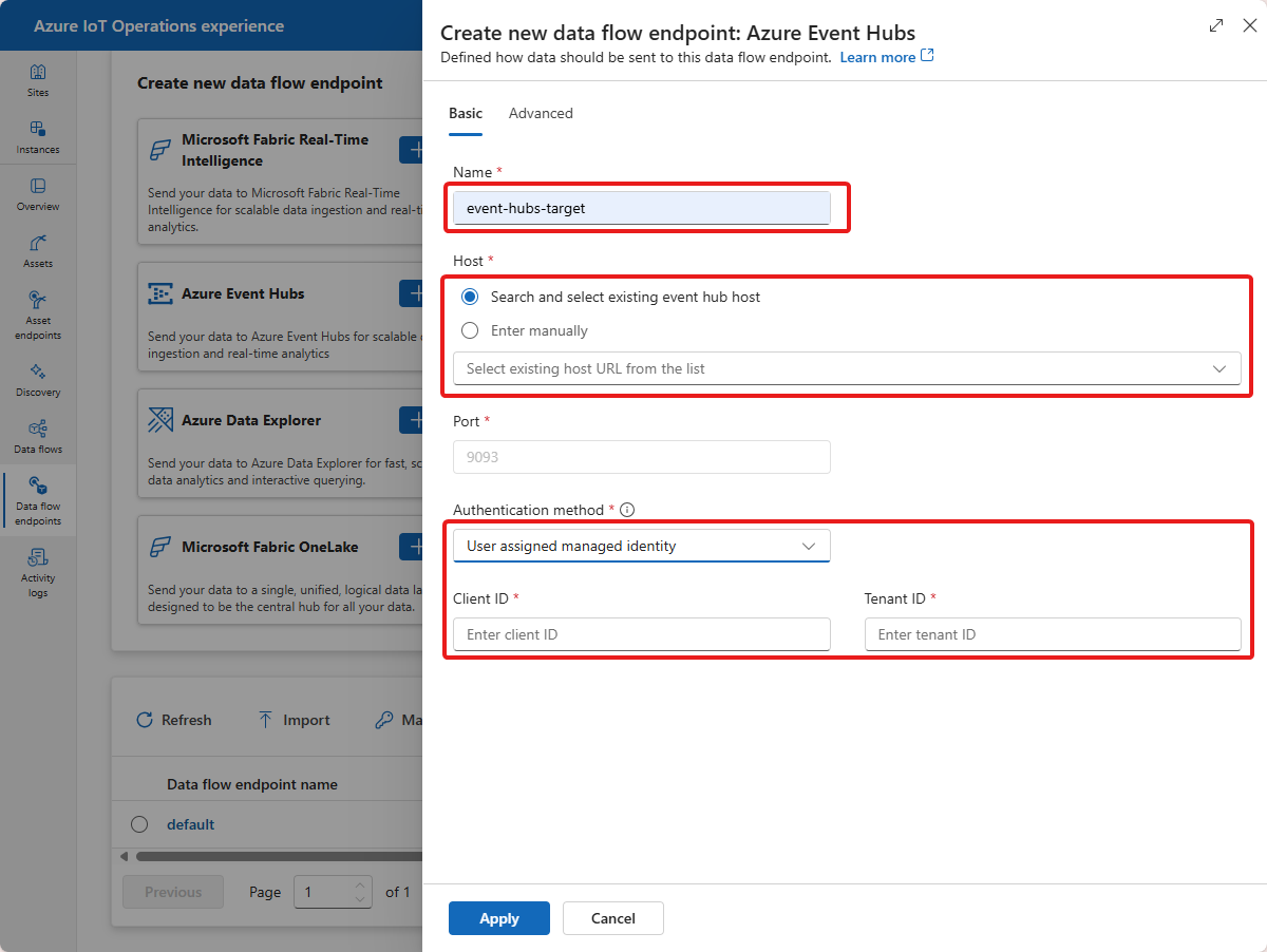 [新しいデータ フロー エンドポイントの作成: Azure Event Hubs] ページのスクリーンショット。