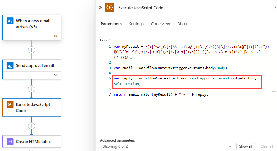 消費ワークフローと更新された例のコード スニペットを使用した JavaScript コード実行アクションを示すスクリーンショット。