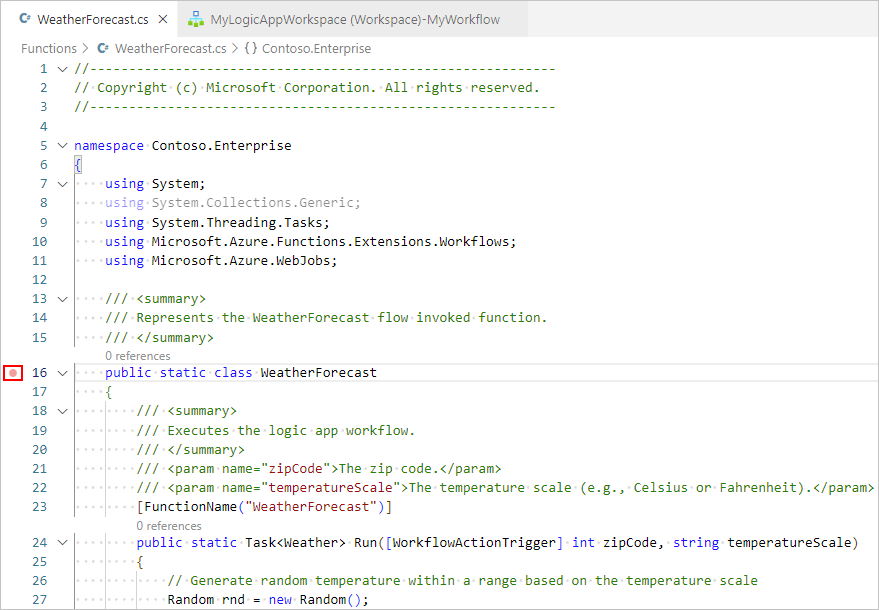 Visual Studio Code と、開いている関数コード ファイル (コード内の行にブレークポイントが設定されている) を示すスクリーンショット。