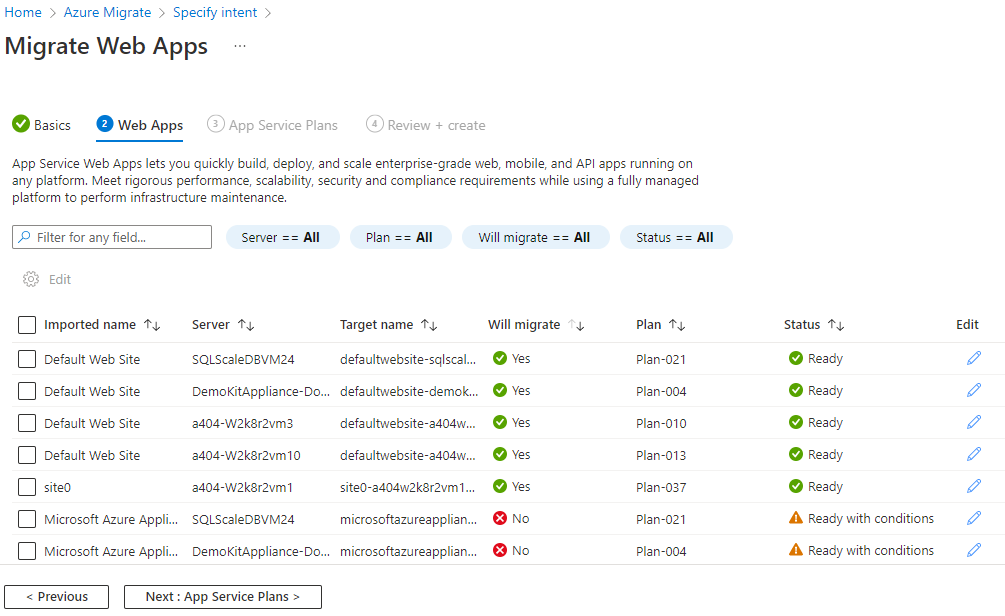 Azure Migrate Web Apps 画面のスクリーンショット。