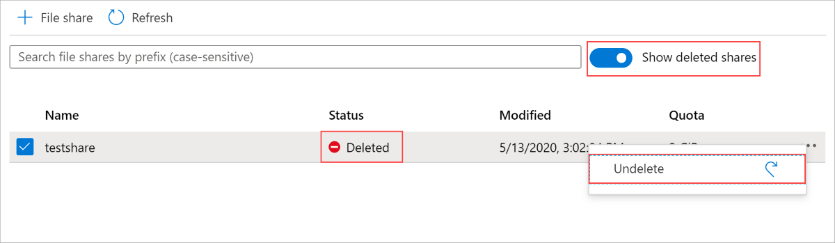 Azure portal で削除されたファイル共有の [削除の取り消し] オプションのスクリーンショット。