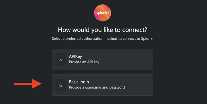 Splunk を接続するための基本的なログイン方法の画像。