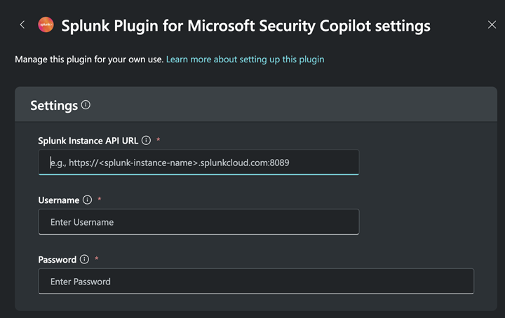 設定する Splunk 設定ページの画像。