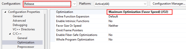Visual Studio プロジェクトの [プロパティ ページ] ダイアログのスクリーンショット。[構成] ドロップダウンが呼び出され、[リリース] に設定されます。最適化の設定は、最大速度スラッシュ O2 に設定されます。