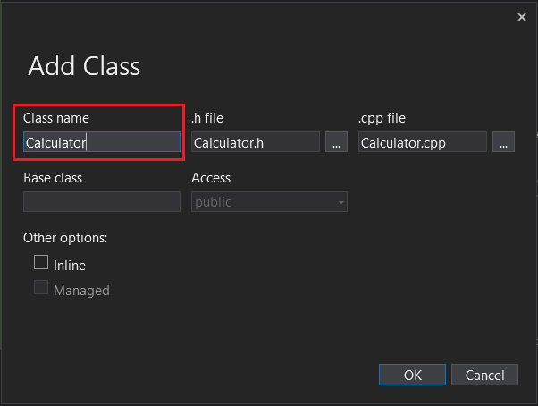 Visual Studio の [クラスの追加] ダイアログ ボックスのスクリーンショット。