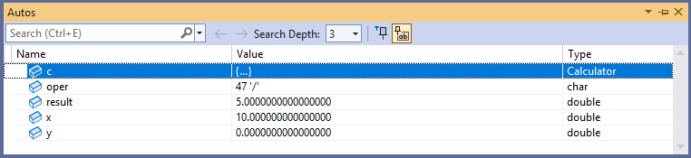 Visual Studio デバッガーの [自動変数] ウィンドウのスクリーンショット。