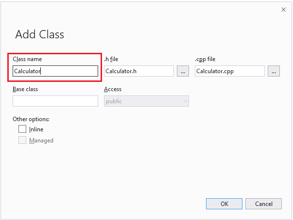 Visual Studio の [クラスの追加] ダイアログ ボックスのスクリーンショット。