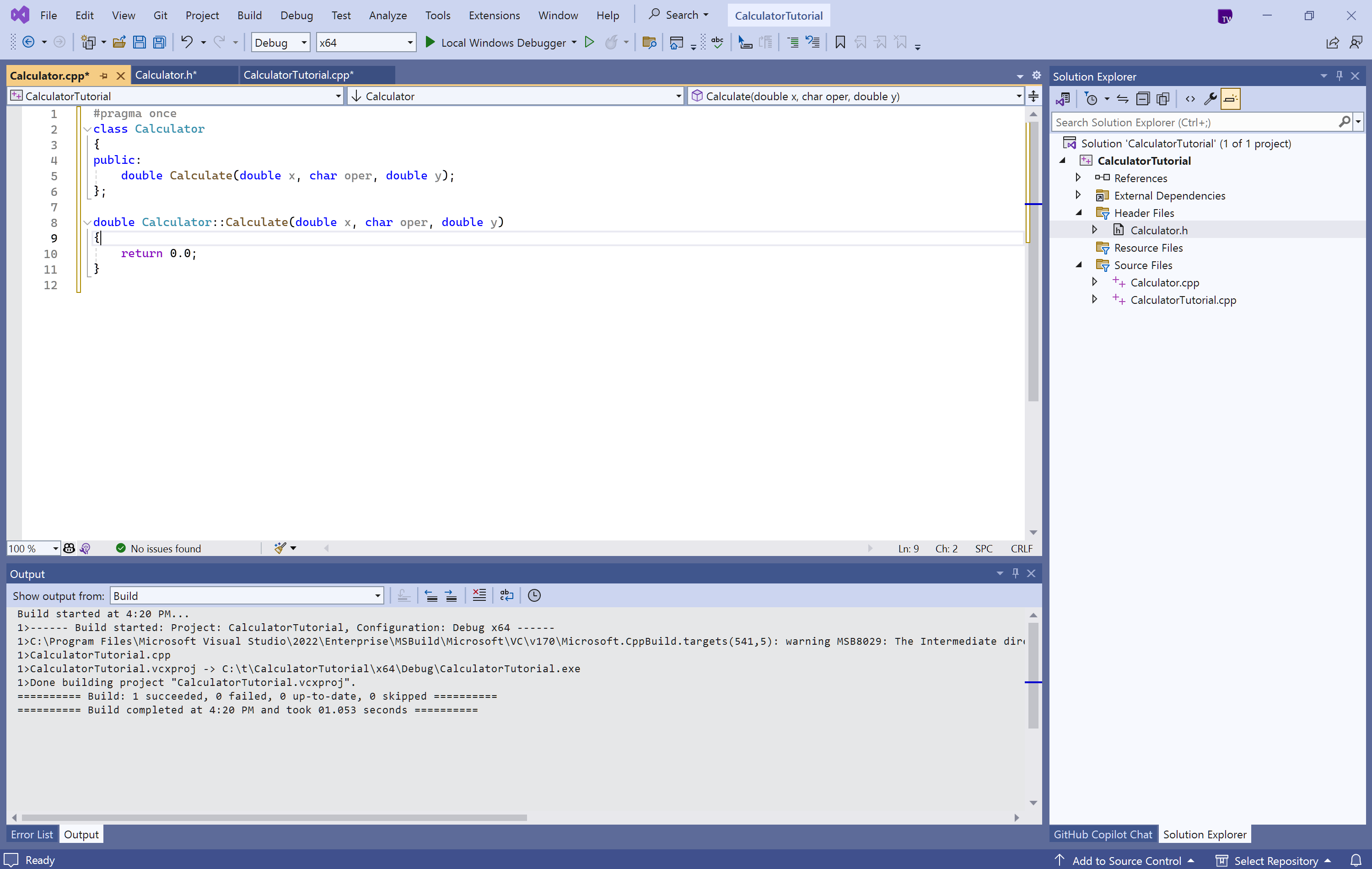 'Calculate' 関数の定義を示す Visual Studio エディターのスクリーンショット。