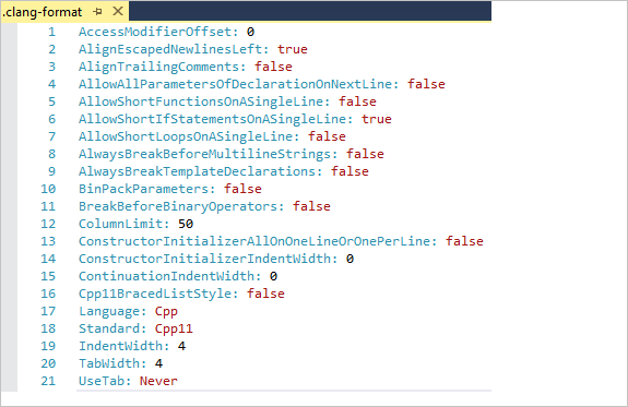 列の制限、インデントの幅、タブの幅など、多くのオプションがある .clang-format ファイルを示すスクリーンショット。