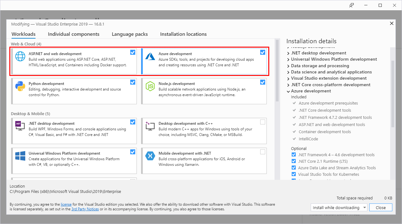 [Azure 開発] と [ASP.NET] と [Web 開発ワークロード] が選択されている Visual Studio インストーラーのスクリーンショット