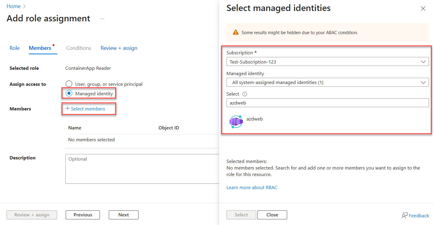 マネージド ID の割り当てプロセスを示すスクリーンショット。