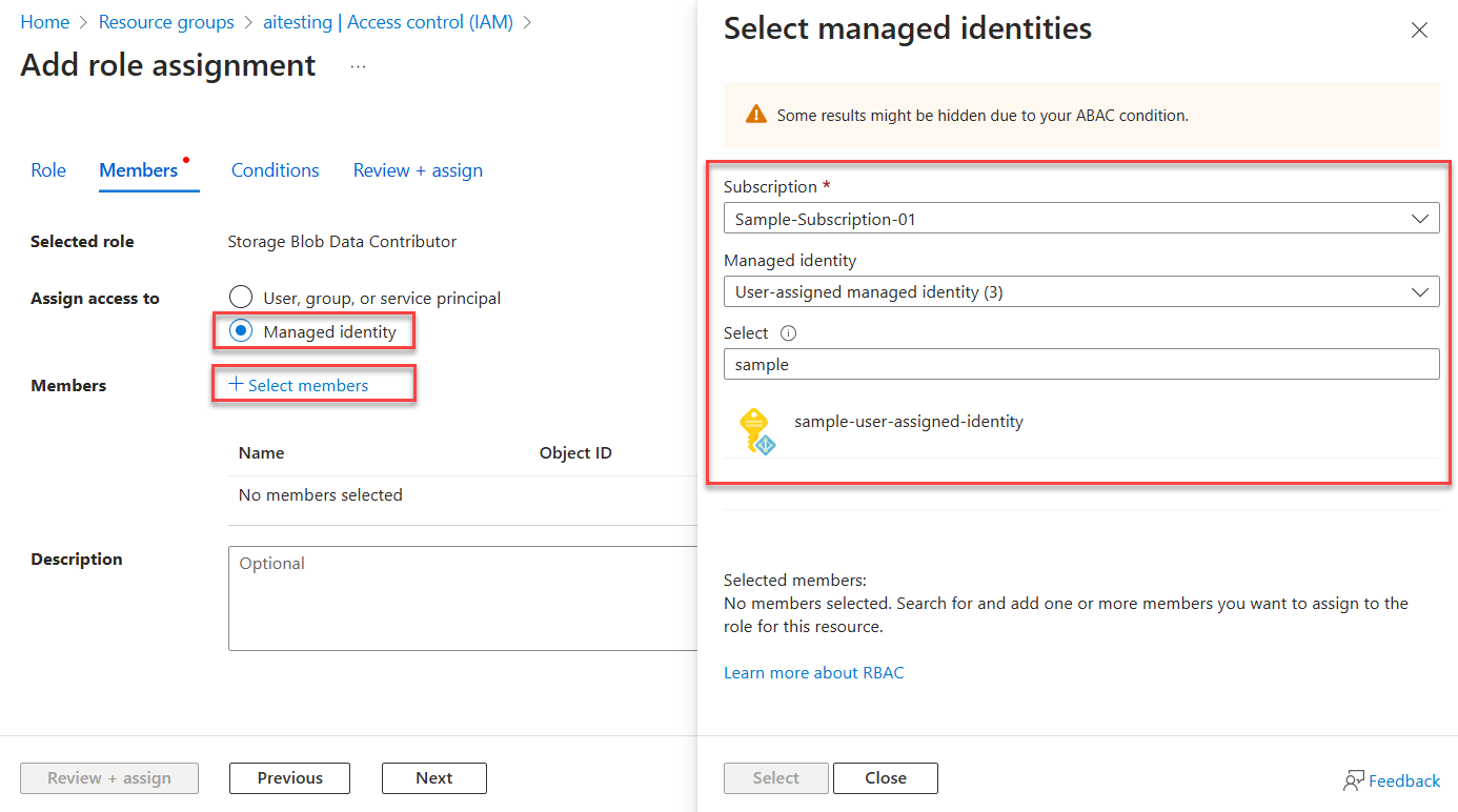 マネージド ID の割り当てプロセスを示すスクリーンショット。