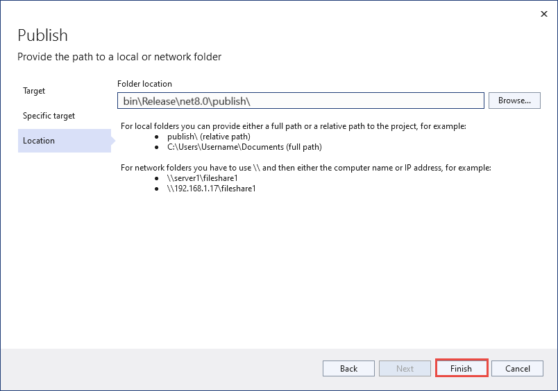 Visual Studio の [発行] ページの [場所] タブ