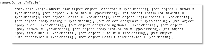 ConvertToTable メソッドのパラメーターの一覧