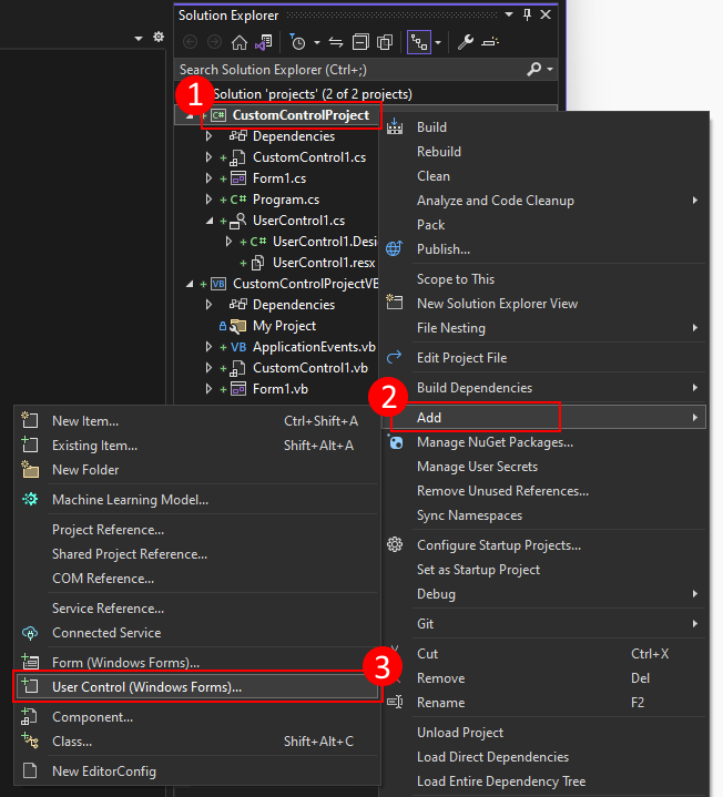Visual Studio ソリューション エクスプローラーを右クリックして、Windows フォーム プロジェクトにユーザー コントロールを追加